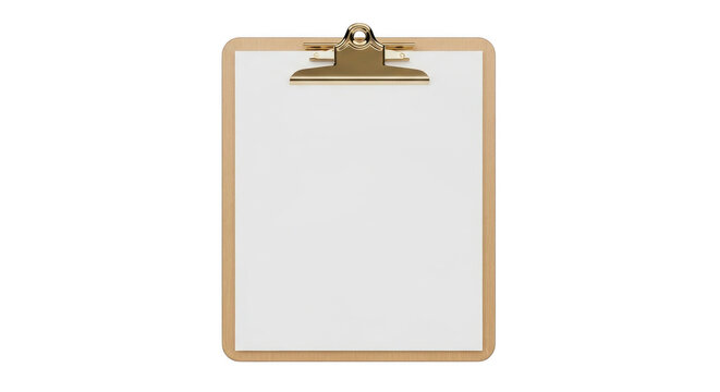 Wooden clipboard with blank white paper sheet isolated on transparent background
