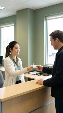 Receptionist handing access badge to visitor at modern office front desk