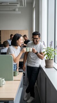 Two diverse coworkers toasting coffee mugs during friendly office kitchen break