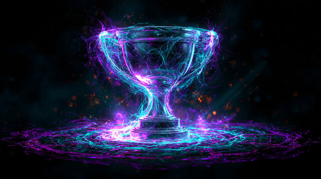 Futuristic glowing neon trophy cup with blue purple energy swirls.
