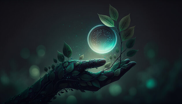 Abstract 3d render of an eco futuristic technology concept with an organic plant leaf hand holding a glowing digital circuit sphere in dark bokeh background
