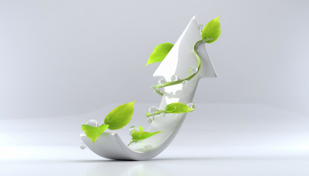 Abstract 3d render of a glossy white financial growth arrow curved upwards wrapped in green plant vines with water droplets on clean minimalist background