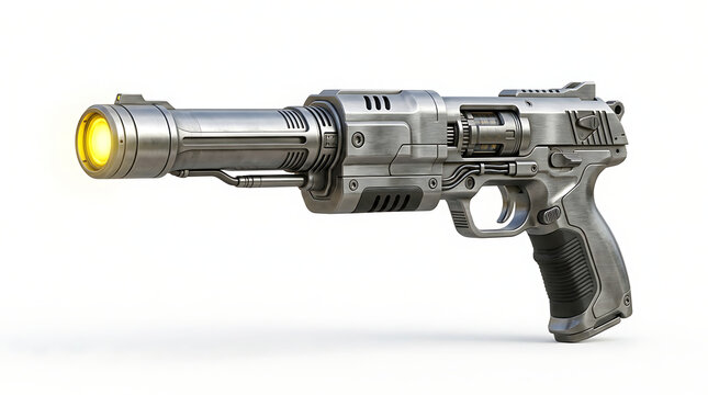 Futuristic silver sci-fi laser pistol with a glowing yellow energy barrel on white background