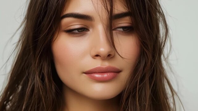 Close up portrait of young woman with brown hair, closed eyes, neutral expression and natural makeup