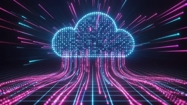 A futuristic video visualization of a cloud computing network with vibrant neon lights and a grid pattern background in a dark room.