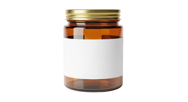 Amber glass medicine jar with a blank white label isolated on transparent background