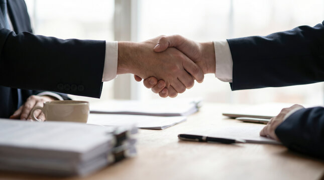 Close up of two businessmen shaking hands over documents at office desk