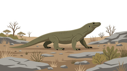 Fototapeta premium Giant monitor lizard in dry savannah landscape flat vector illustration