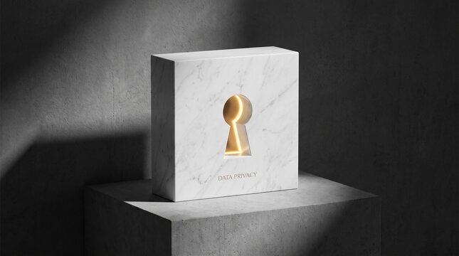 Abstract 3d render of a luxury white marble block with a glowing golden keyhole and data privacy text sitting on a concrete pedestal under dramatic lighting