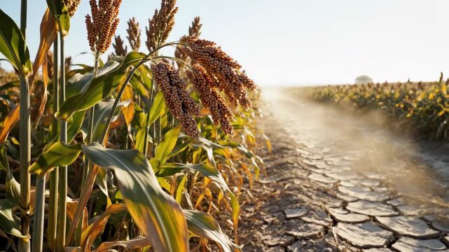 Copper sorghum panicles bend beside a windblown lane of fractured clay, portraying a hardy dryland harvest persisting through fierce heat, sparse rainfall, dusty air, and prolonged moisture stress