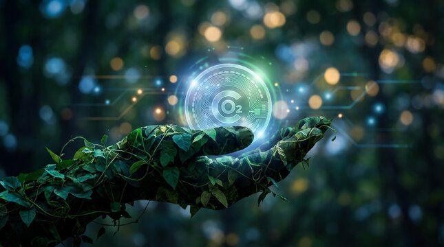 Abstract concept of carbon reduction and climate technology with a hand made of green leaves holding a glowing holographic co2 emissions reduction symbol in a dark forest backdrop