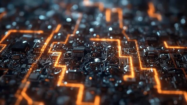 Glowing Orange Circuit Board Microchip with Abstract Line Technology Background