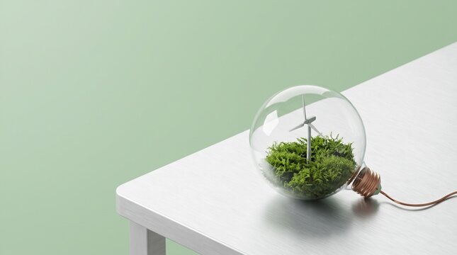 Minimalist 3d render of a glass lightbulb containing a miniature wind turbine and green moss sitting on a white table with pastel green background