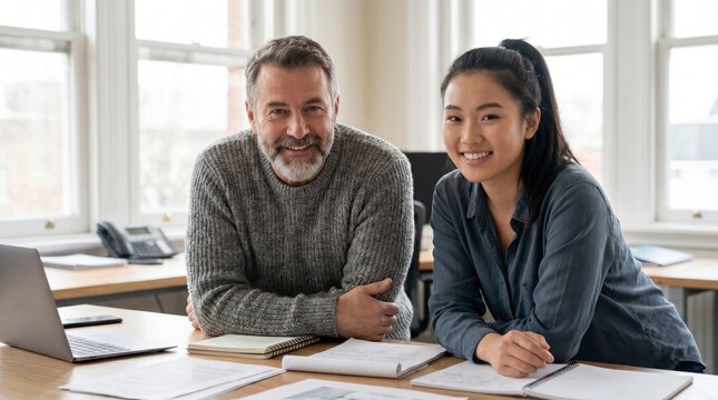 Multigenerational business mentor and trainee smiling together in sunlit office