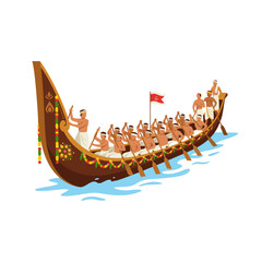 Traditional Kerala snake boat race vector illustration featuring oarsmen rowing a decorated wooden Vallam Kali boat on blue water. Detailed flat artwork depicting Onam festival boat race celebration,  © Adi