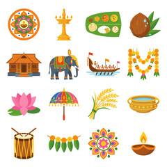 Fototapeta premium Kerala Onam festival icon bundle vector illustration featuring Pookkalam floral rangoli, brass oil lamp, Sadya feast on banana leaf, coconut, traditional house, decorated elephant, snake boat, marigol