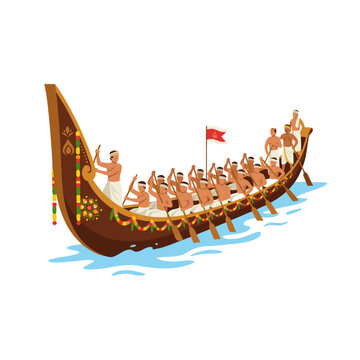 Traditional Kerala snake boat race vector illustration featuring oarsmen rowing a decorated wooden Vallam Kali boat on blue water. Detailed flat artwork depicting Onam festival boat race celebration, 