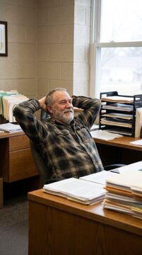 Relaxed senior manager smiling at desk in traditional cluttered office