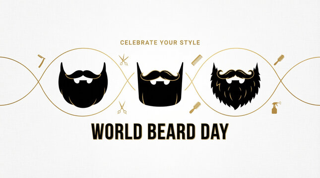 World Beard Day celebration banner. Black silhouette facial hair icons. Barber shop style graphic. Gold vintage design elements. Manly style greeting card vector.