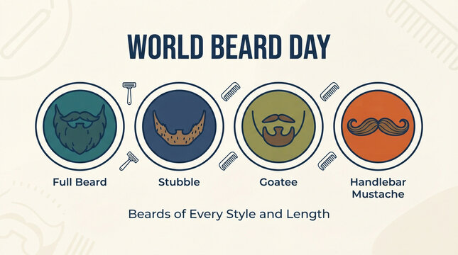 World Beard Day celebration graphics, full beard stubble goatee handlebar mustache icons, illustrated badge set, flat design style for barbershops and men's grooming businesses