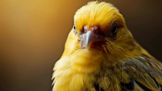 Golden yellow bird portrait, closeup beak, feather detail, wild bird soft light closeup