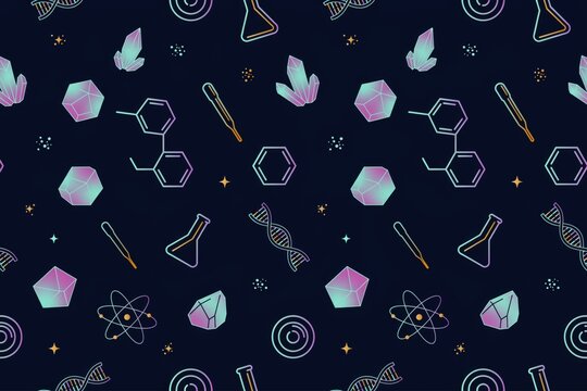 Seamless pattern featuring science like dna strands, chemical flasks, atoms, and colorful crystals on a dark blue background, for education