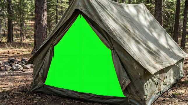 Canvas camping tent in a pine forest with a green chroma key screen at the entrance