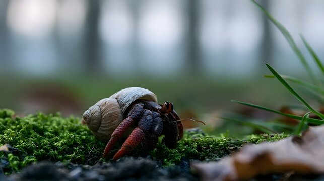 A hermit crab emerges from its shell on a mossy forest floor under soft natural light  surrounded by green grass and fallen leaves