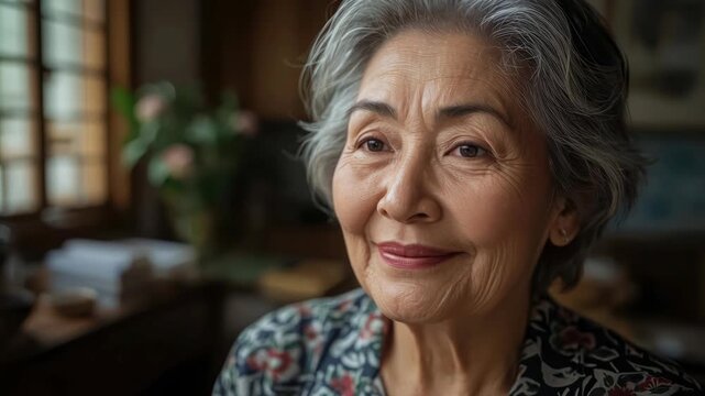 Senior Asian woman portrait, serene smile, soft indoor light, gray hair, calm warm home setting