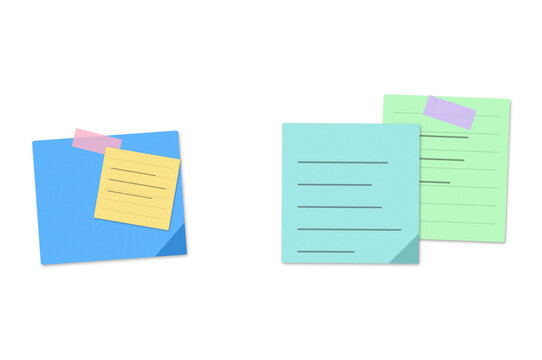 Three colorful sticky notes with writing floating on white background