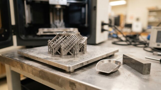 Powder-bed fusion metal part, titanium powder, scoop, and calibration gauge on a workbench for additive manufacturing testing and design iteration.