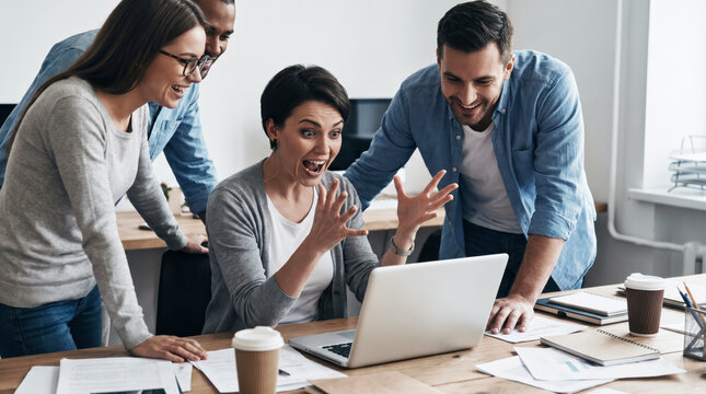 Excited team celebrating success while looking at laptop screen together