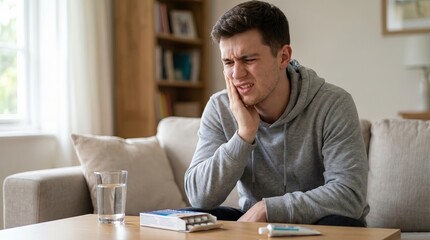 Obraz premium Toothache Pain Concept, Dental Health Problem, Oral Pain Distress, Young Man in Pain Reflecting on Health and Care