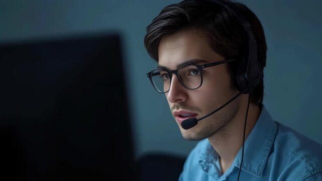 Young man with headset and glasses office computer focused screen, office lighting, desk workspace
