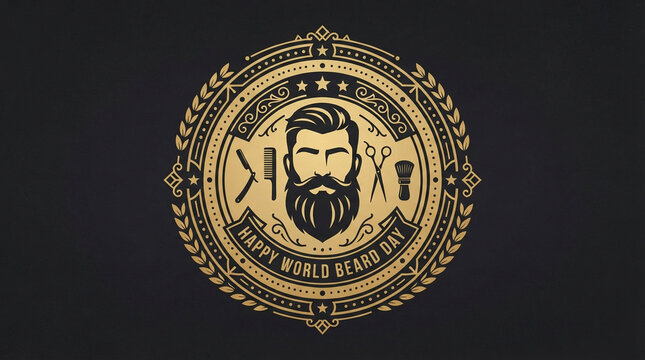 Vintage gold circular logo with bearded man portrait and barber tools. Retro happy world beard day badge. Classic hipster emblem design for barbershops and grooming.