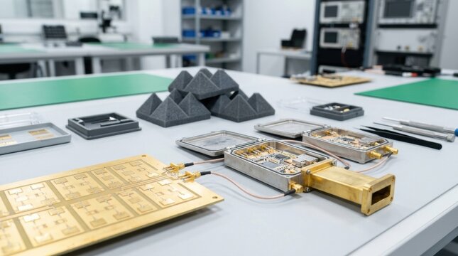 Radar manufacturing workspace with antenna arrays, rf modules, waveguides, coaxial cables, and anechoic foam tiles arranged for microwave electronics assembly.