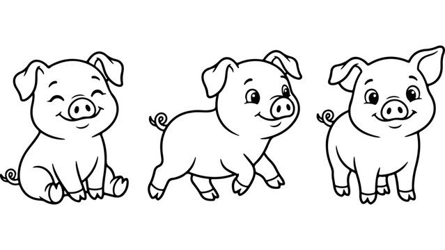 Three cute little pigs characters in different poses for children coloring book page line art