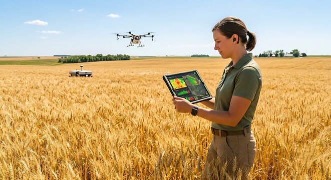 Woman farmer using tablet to control drone for crop monitoring in wheat field. Precision agriculture technology for smart farming and plant health analysis. Innovative rural industry.