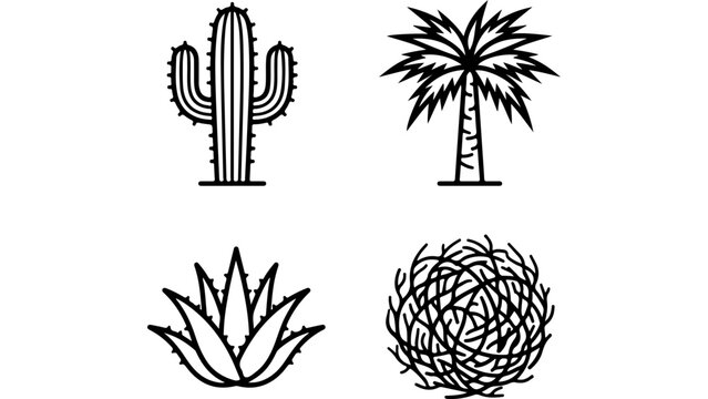Set of four simple black line icons featuring desert plants like cactus palm tree agave and tumbleweed