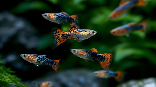 Colorful guppies swim gracefully through lush green aquatic plants in a serene underwater environment