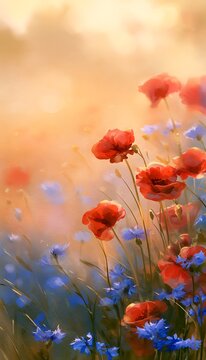 Golden hour paints a tranquil poppy field serene landscape illustration evokes peaceful beauty