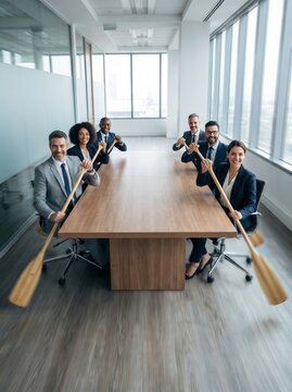 Diverse corporate team members sit together around a large wooden boardroom table holding wooden oars as they metaphorically row towards success representing effective collaboration and shared