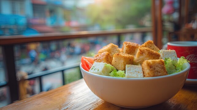 Caesar salad with croutons in a white bowl on a wooden table with blurred background
