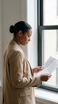 Businesswoman studying printed documents at an office window in quiet daylight
