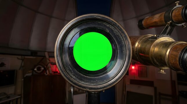 Brass telescope eyepiece with a green chroma key circle inside an observatory dome
