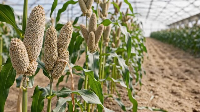Pearl millet spikes stand in precise greenhouse rows, showcasing robust grain breeding for heat tolerance, efficient water use, stable dryland yields, climate adaptation, and future food supplies