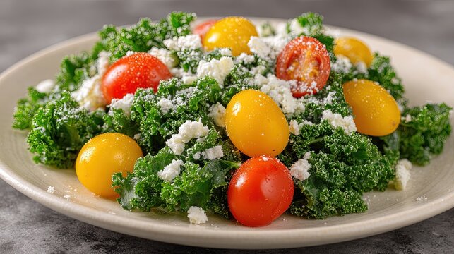 Fresh green kale salad with cherry tomatoes and crumbled feta cheese Yellow