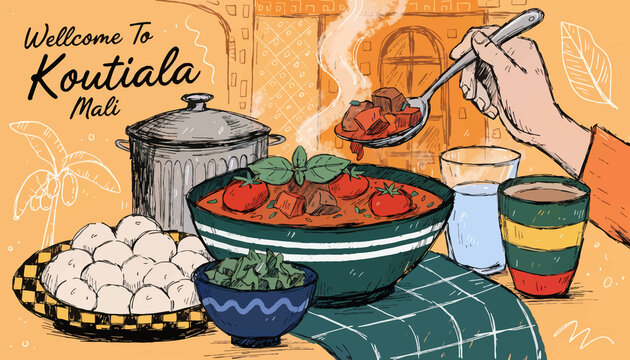 Delicious Mali Food Welcome: Stew, Rice Balls, Drinks, Illustration, Koutiala, Africa
