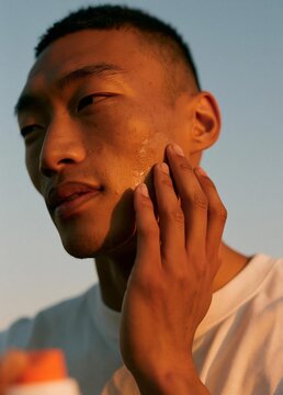 Close-up portrait of a young man applying sunscreen to his face. he is wearing a white t-shirt and has short dark hair. the background is a clear blue sky.