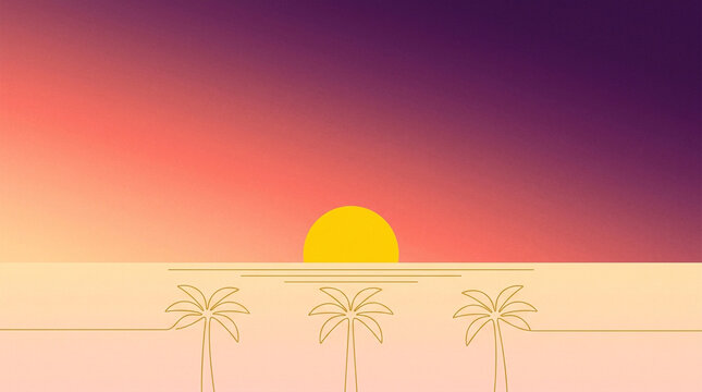 Minimalist tropical sunset illustration, vibrant purple and orange gradient sky, stylized palm tree silhouettes on beach